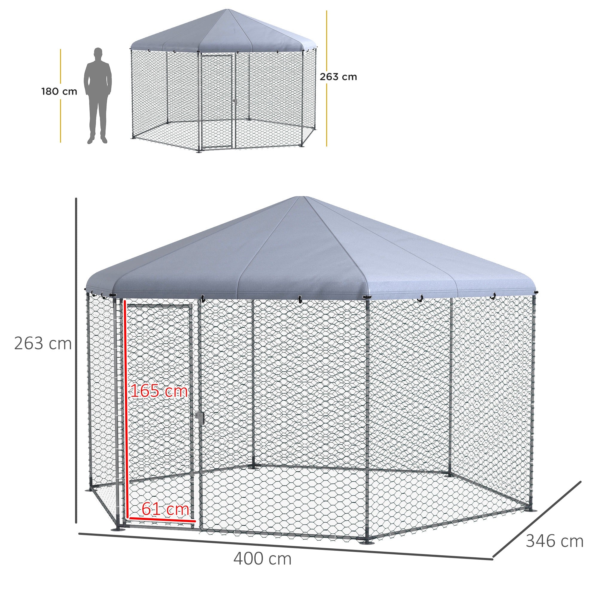 Walk in Chicken Run Chicken Coop Galvanised Outdoor Poultry Cage w/ Cover, for 10-15 Chickens, Hens, Rabbits, Ducks, 4 x 3.5 x 2.6m - Silver Tone