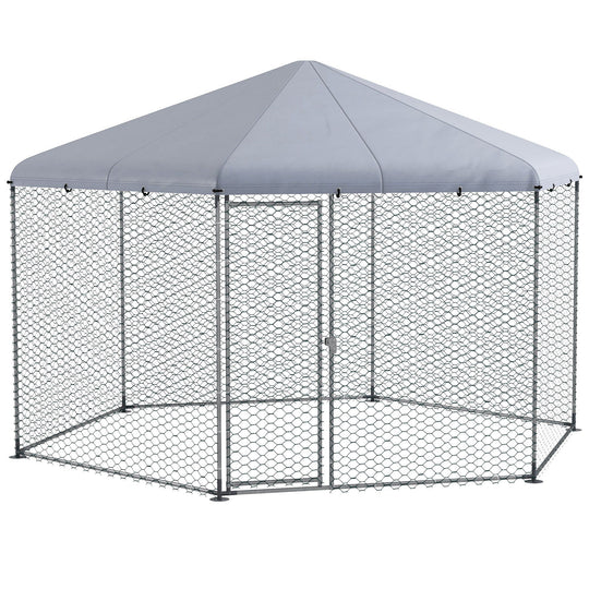 Walk in Chicken Run Chicken Coop Galvanised Outdoor Poultry Cage w/ Cover, for 10-15 Chickens, Hens, Rabbits, Ducks, 4 x 3.5 x 2.6m - Silver Tone
