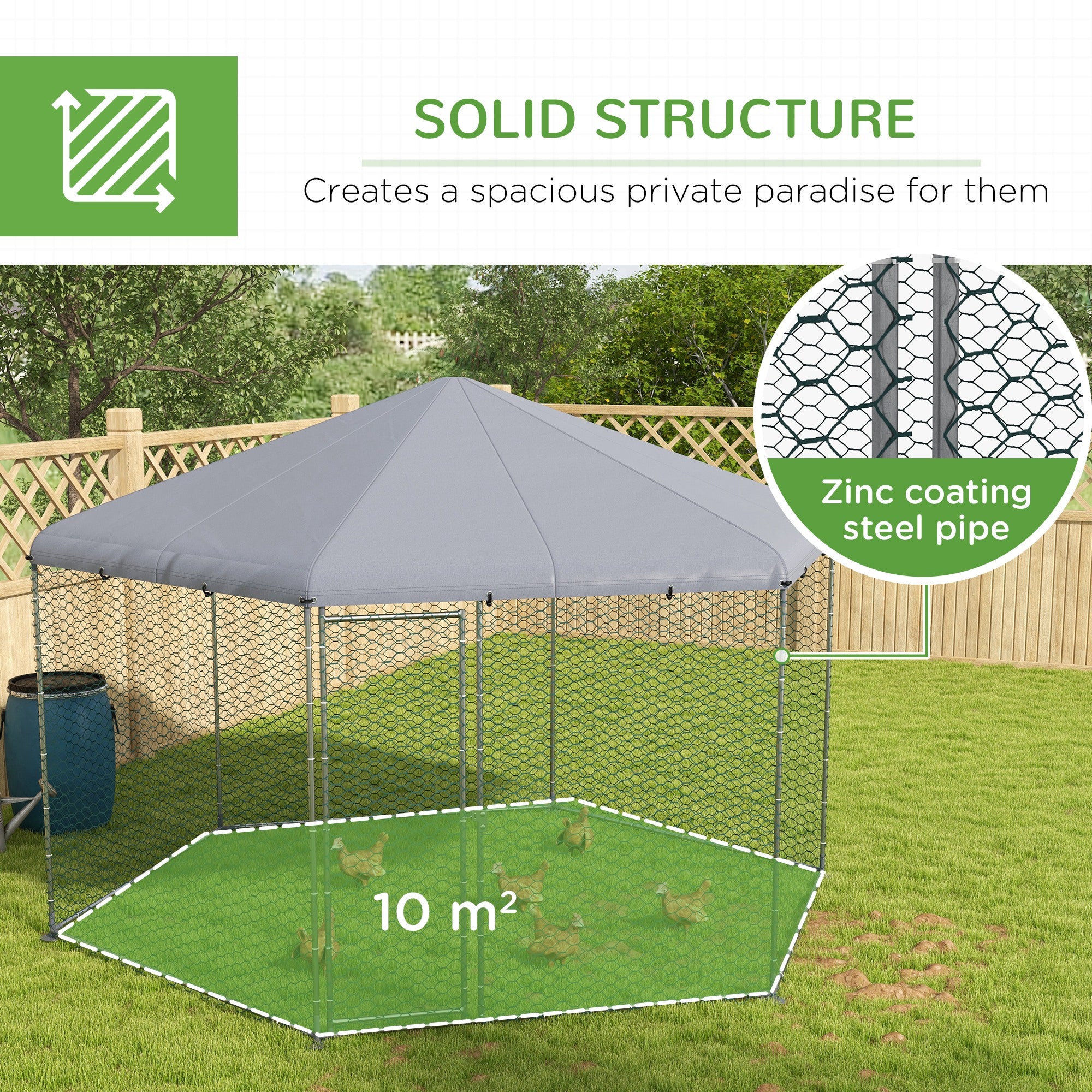 Walk in Chicken Run Chicken Coop Galvanised Outdoor Poultry Cage w/ Cover, for 10-15 Chickens, Hens, Rabbits, Ducks, 4 x 3.5 x 2.6m - Silver Tone