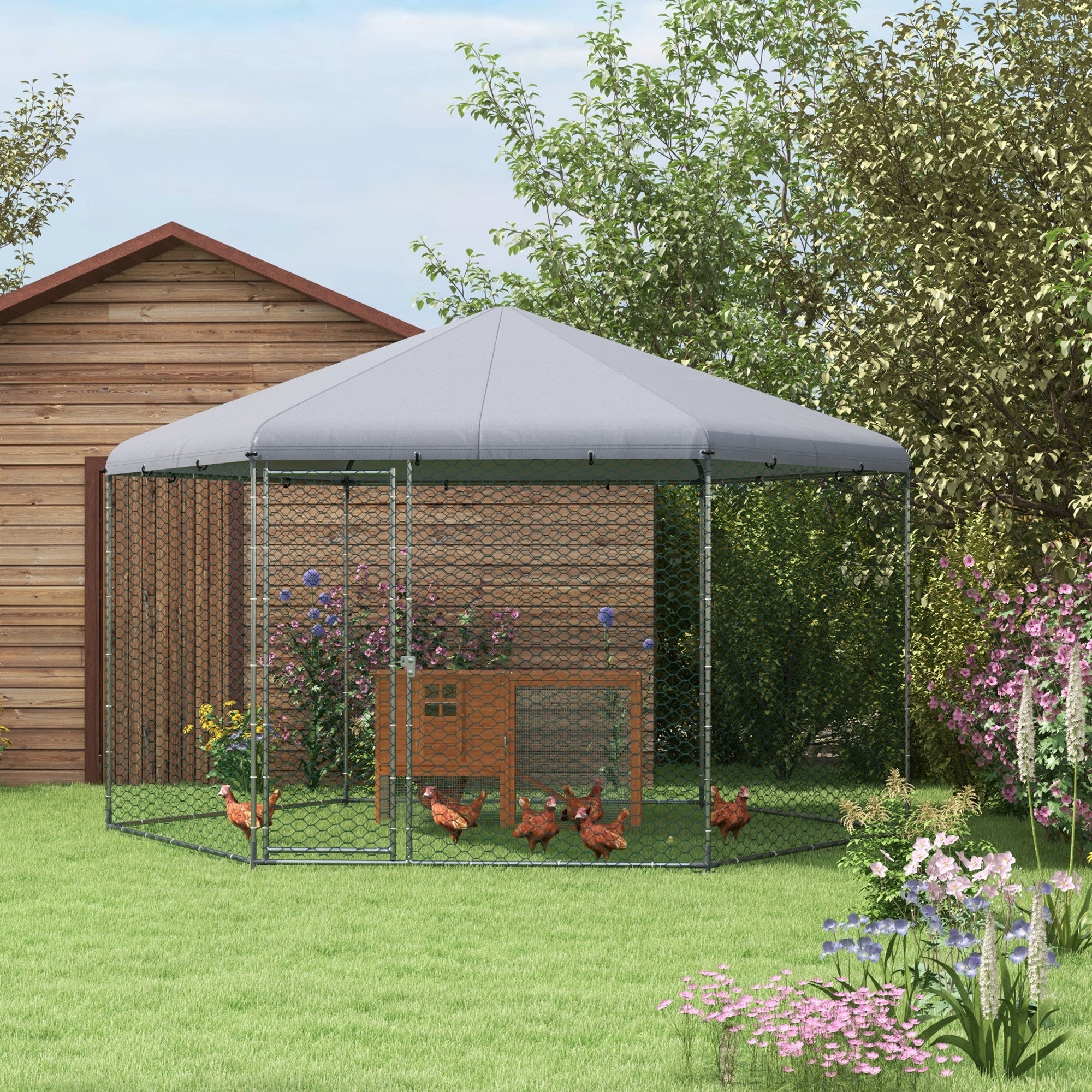 Walk in Chicken Run Chicken Coop Galvanised Outdoor Poultry Cage w/ Cover, for 10-15 Chickens, Hens, Rabbits, Ducks, 4 x 3.5 x 2.6m - Silver Tone