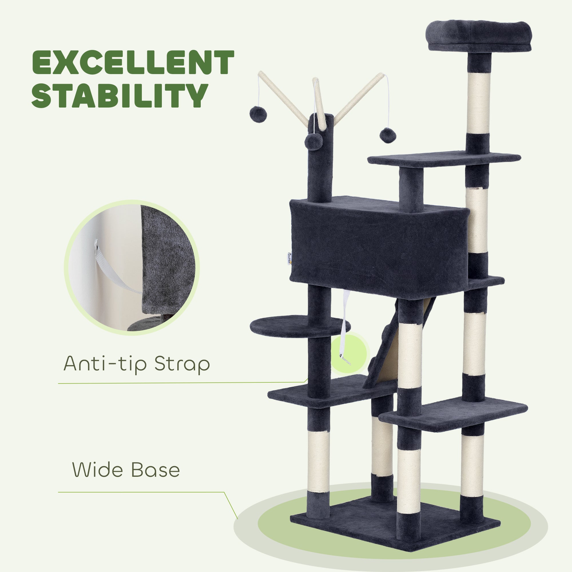 59 Inch Cat Tree, Large Multi-Level Cat Tower with Sisal Scratching Posts, Cozy Condo, Top Perch, Ladder and Interactive Balls for Indoor Kittens, Dark Grey