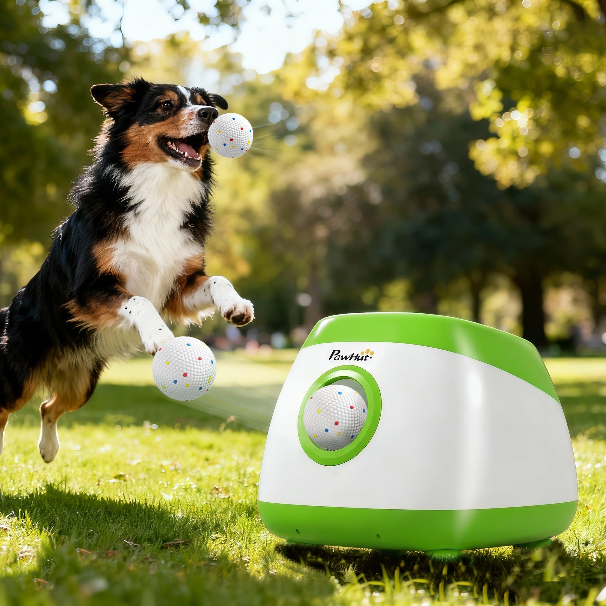 Automatic Dog Ball Launcher, Rechargeable Dog Ball Thrower with Remote Control, 3 Adjustable Distance (39ft/59ft/78ft), 6 ETPU Tennis Fetch Toys 2.5", for Medium Large Breeds, Green