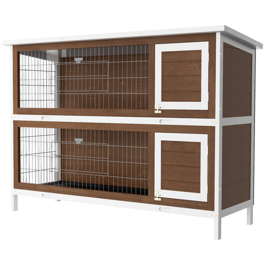 54"L 2-Story Large Rabbit Hutch Bunny Cage Wooden Pet House Small Animal Habitat with Lockable Doors, No Leak Tray and Waterproof Roof for Outdoor/Indoor Brown
