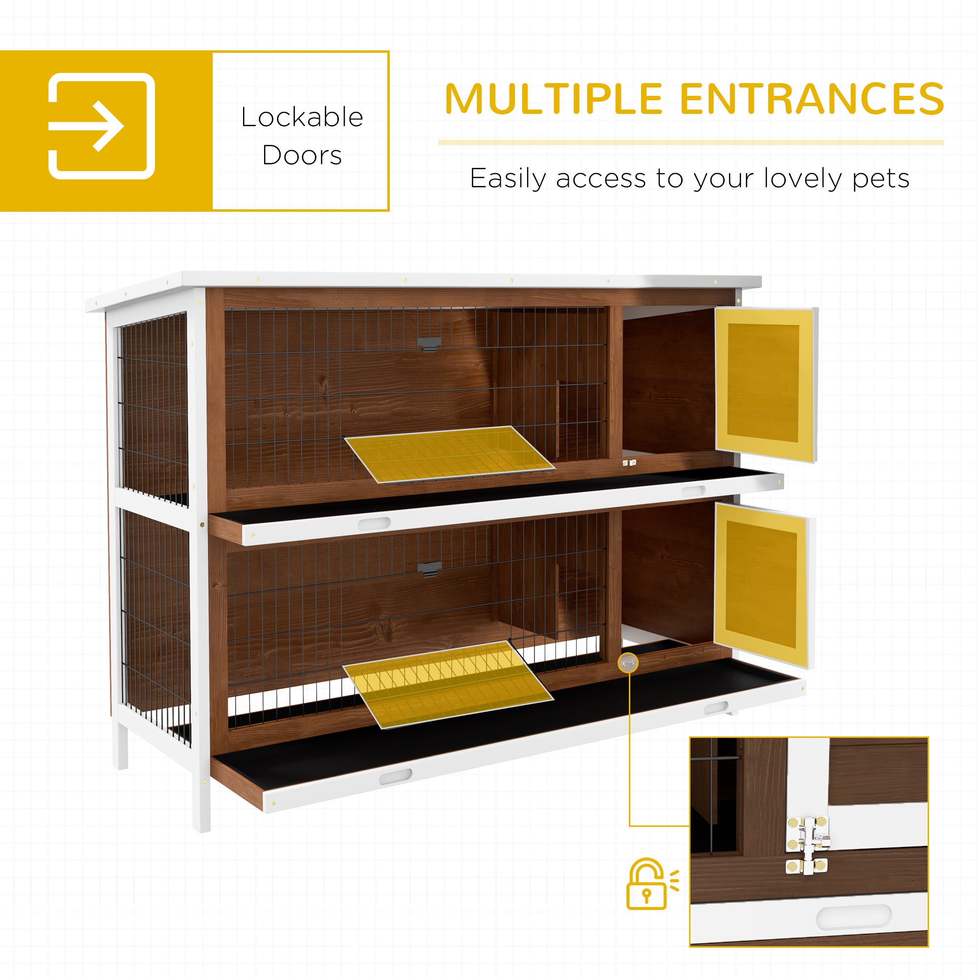 PawHut 54" 2-Story Large Rabbit Hutch Bunny Cage Wooden Pet House Small Animal Habitat with Lockable Doors, No Leak Tray and Waterproof Roof for Outdoor/Indoor Brown