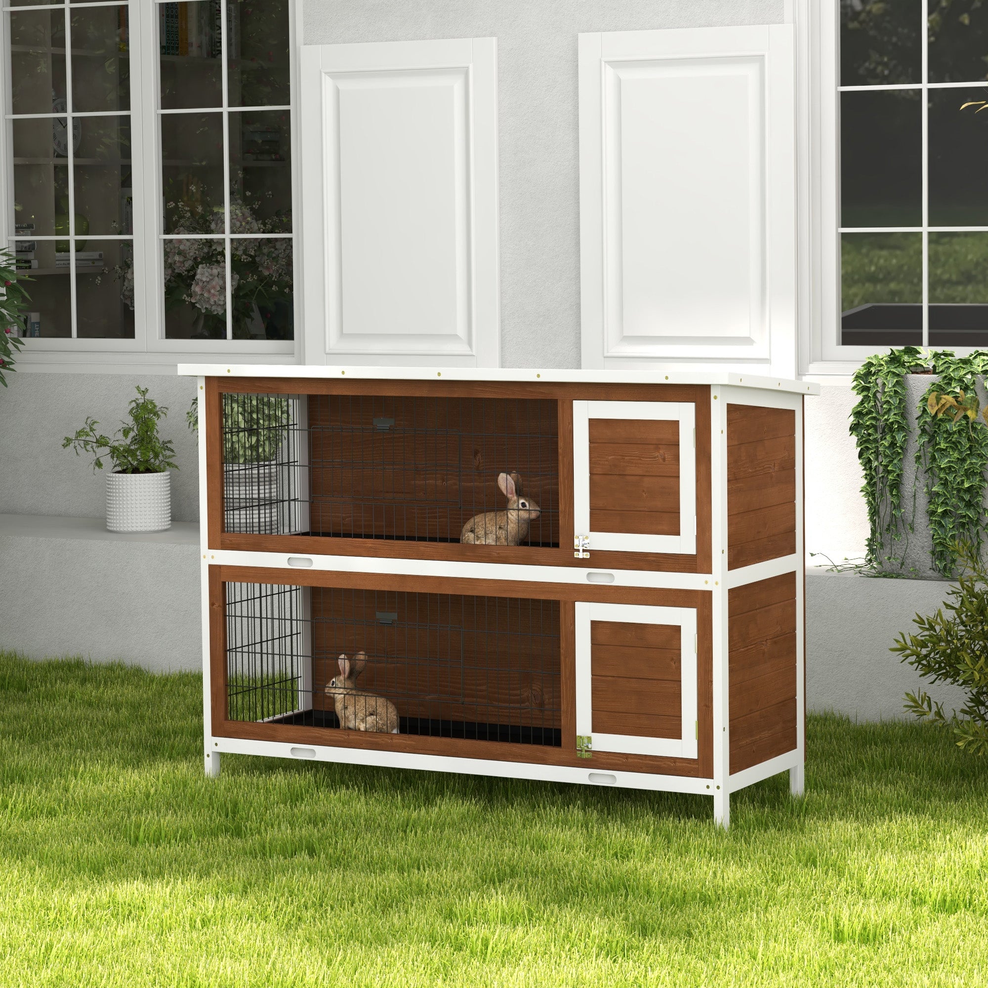 PawHut 54" 2-Story Large Rabbit Hutch Bunny Cage Wooden Pet House Small Animal Habitat with Lockable Doors, No Leak Tray and Waterproof Roof for Outdoor/Indoor Brown