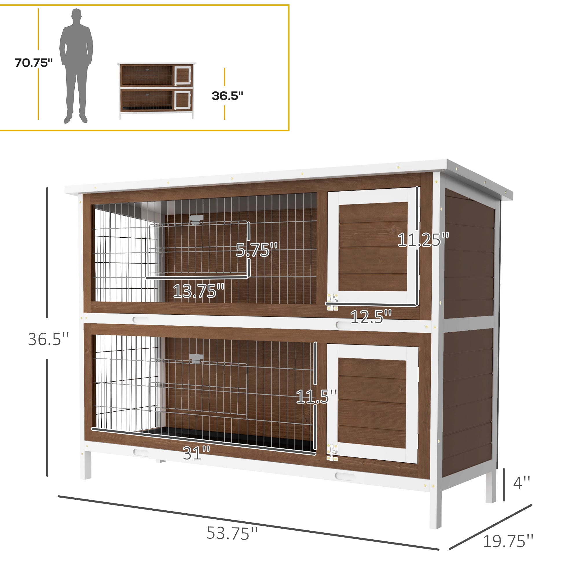 PawHut 54" 2-Story Large Rabbit Hutch Bunny Cage Wooden Pet House Small Animal Habitat with Lockable Doors, No Leak Tray and Waterproof Roof for Outdoor/Indoor Brown