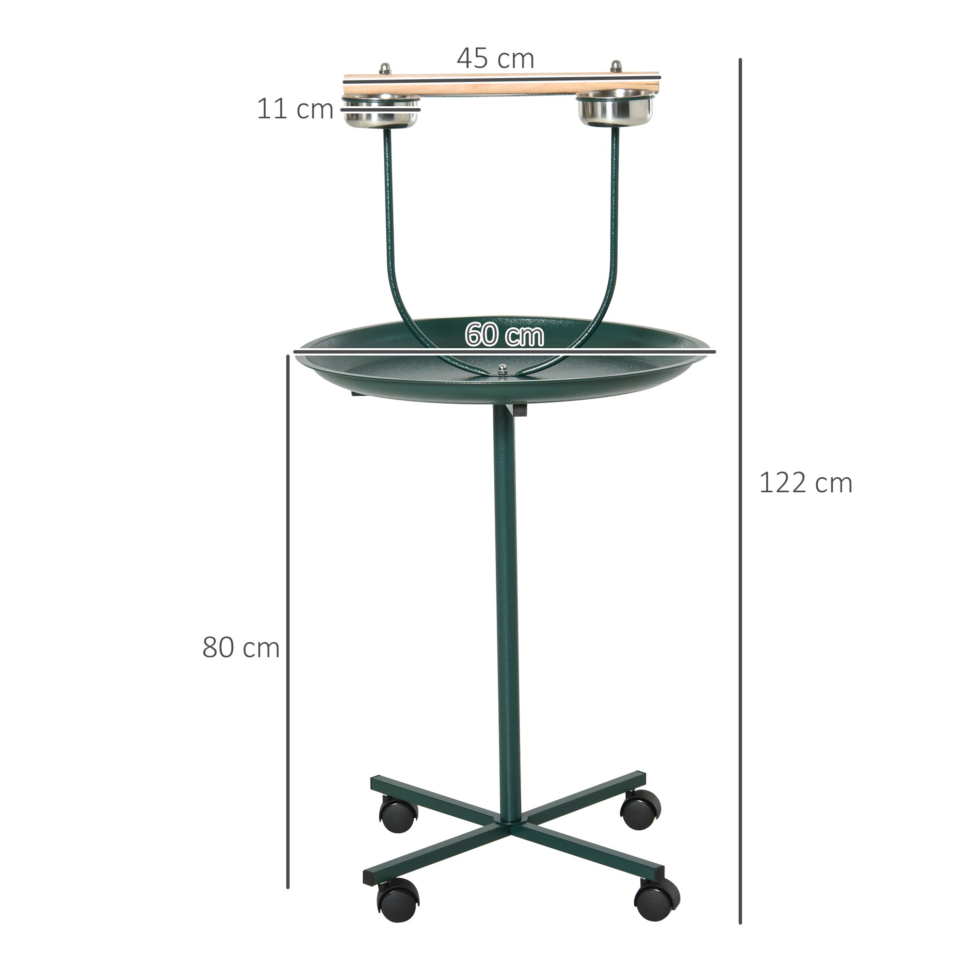 Bird Perch Stand, T-Stand Bird Training with Perch, Four Wheels, Feeding Bowls, Parrot Stand for Small, Medium Birds, Green