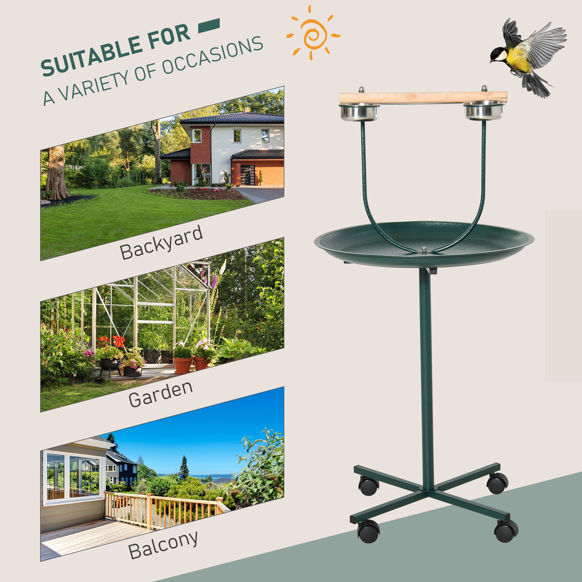 Bird Perch Stand, T-Stand Bird Training with Perch, Four Wheels, Feeding Bowls, Parrot Stand for Small, Medium Birds, Green
