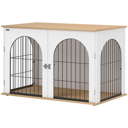 Dog Crate Furniture, Indoor Dog Cage with Double Doors for Large Breeds, Pet Kennel End Side Table with Arched Door Design, 100 x 60 x 69 cm, White