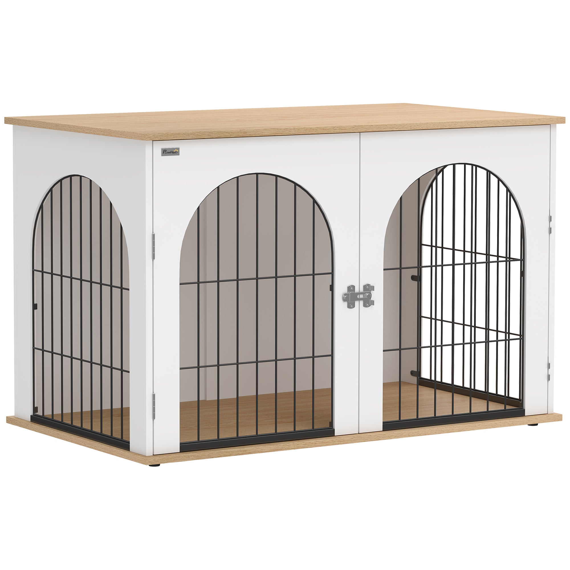 Dog Crate Furniture, Indoor Dog Cage with Double Doors for Large Breeds, Pet Kennel End Side Table with Arched Door Design, 100 x 60 x 69 cm, White