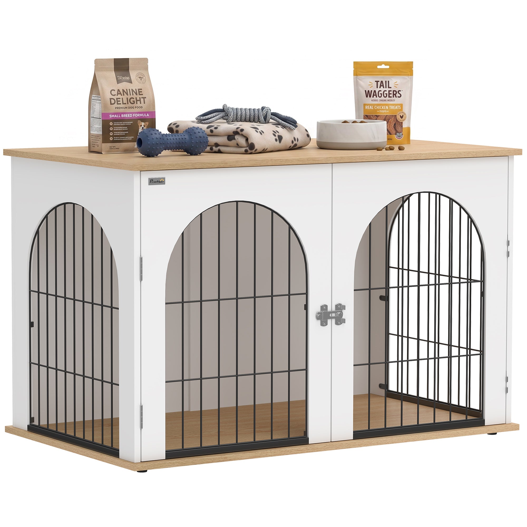 Dog Crate Furniture, Indoor Dog Cage with Double Doors for Large Breeds, Pet Kennel End Side Table with Arched Door Design, 100 x 60 x 69 cm, White
