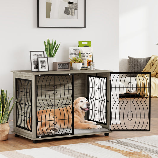 Dog Crate Furniture, Dog Cage End Table with Large Top, Soft Washable Cushion, Lockable Front Door, Wire Mesh Ventilation, Indoor Pet Crate for Large Sized, 100 x 60 x 74cm - Grey