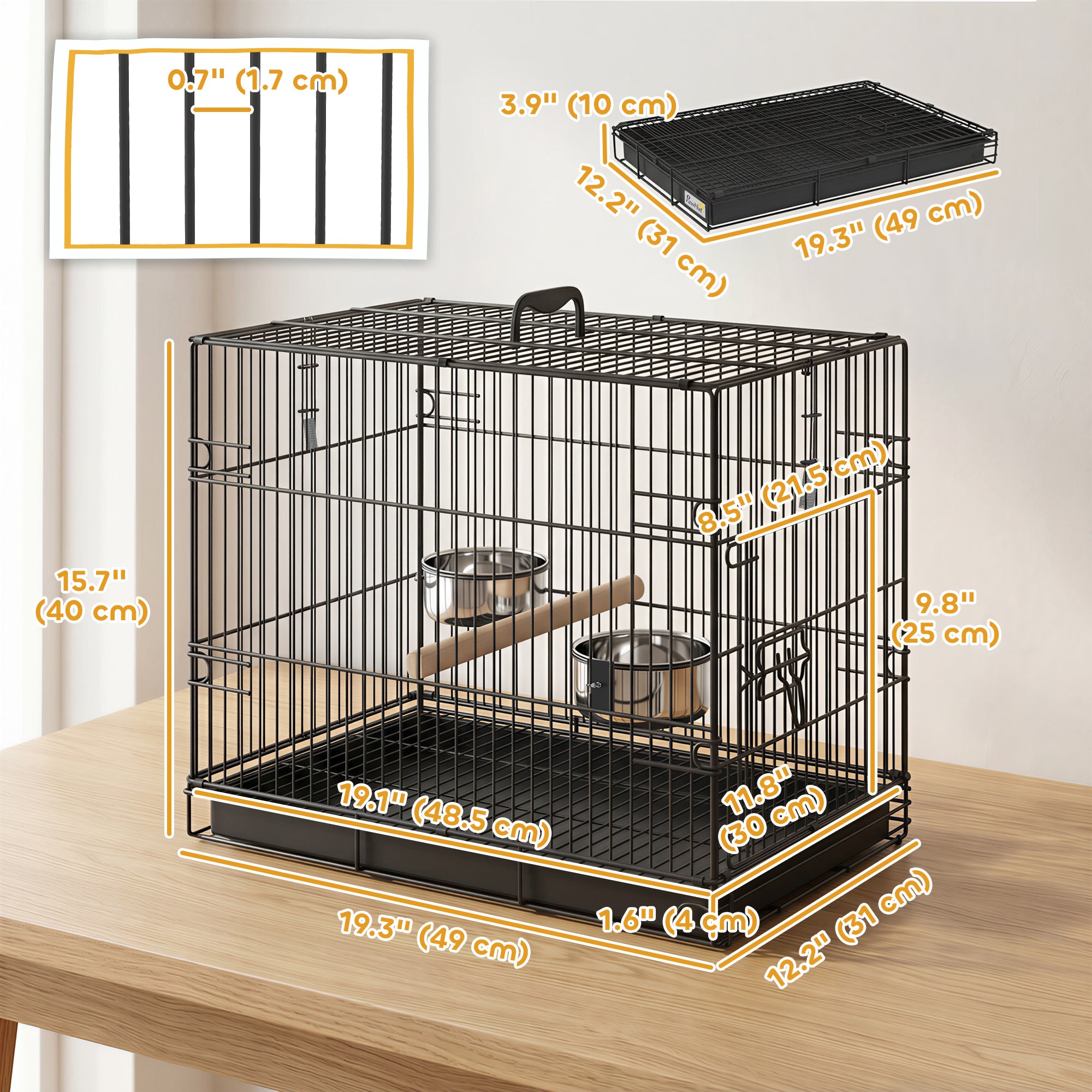Foldable Bird Cage, Metal Bird Travel Carrier Cage with Wood Perch, Food Bowls, Slide-Out Tray and Handle for Canaries, Finches, Lovebirds, Parakeets, Black
