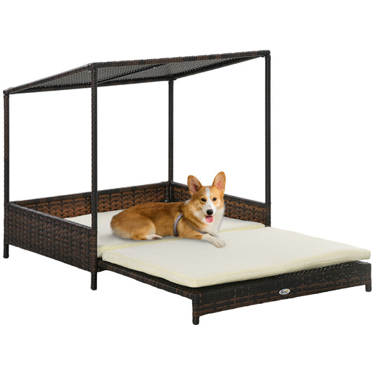 PawHut Wicker Dog House Outdoor with Canopy, Rattan Dog Bed with Removable Cushion, Raised Dog Bed, Cat Shelter, Patio Pet Sofa for Medium Sized Pet Mixed-Brown
