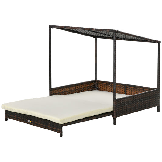 PawHut Wicker Dog House Outdoor with Canopy, Rattan Dog Bed with Removable Cushion, Raised Dog Bed, Cat Shelter, Patio Pet Sofa for Medium Sized Pet Mixed-Brown