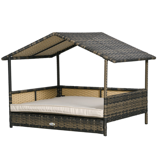PawHut Wicker Dog House Outdoor with Canopy, Rattan Dog Bed with Water-resistant Cushion, Raised Dog Bed for Small, Medium Dogs up to 66 lbs, 19.75" in Length, Brown Wicker, Khaki Cushion