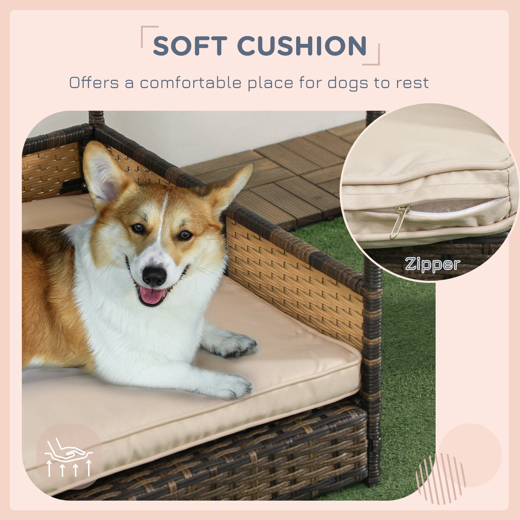 PawHut Wicker Dog House Outdoor with Canopy, Rattan Dog Bed with Water-resistant Cushion, Raised Dog Bed for Small, Medium Dogs up to 66 lbs, 19.75" in Length, Brown Wicker, Khaki Cushion