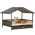 Load image into Gallery viewer, PawHut Wicker Dog House Outdoor with Canopy, Rattan Dog Bed with Water-resistant Cushion, Raised Dog Bed for Small, Medium Dogs up to 66 lbs, 19.75" in Length, Brown Wicker, Khaki Cushion
