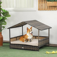 Load image into Gallery viewer, PawHut Wicker Dog House Outdoor with Canopy, Rattan Dog Bed with Water-resistant Cushion, Raised Dog Bed for Small, Medium Dogs up to 66 lbs, 19.75" in Length, Brown Wicker, Khaki Cushion
