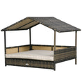 Load image into Gallery viewer, PawHut Wicker Dog House Outdoor with Canopy, Rattan Dog Bed with Water-resistant Cushion, Raised Dog Bed for Small, Medium Dogs up to 66 lbs, 19.75" in Length, Brown Wicker, Khaki Cushion
