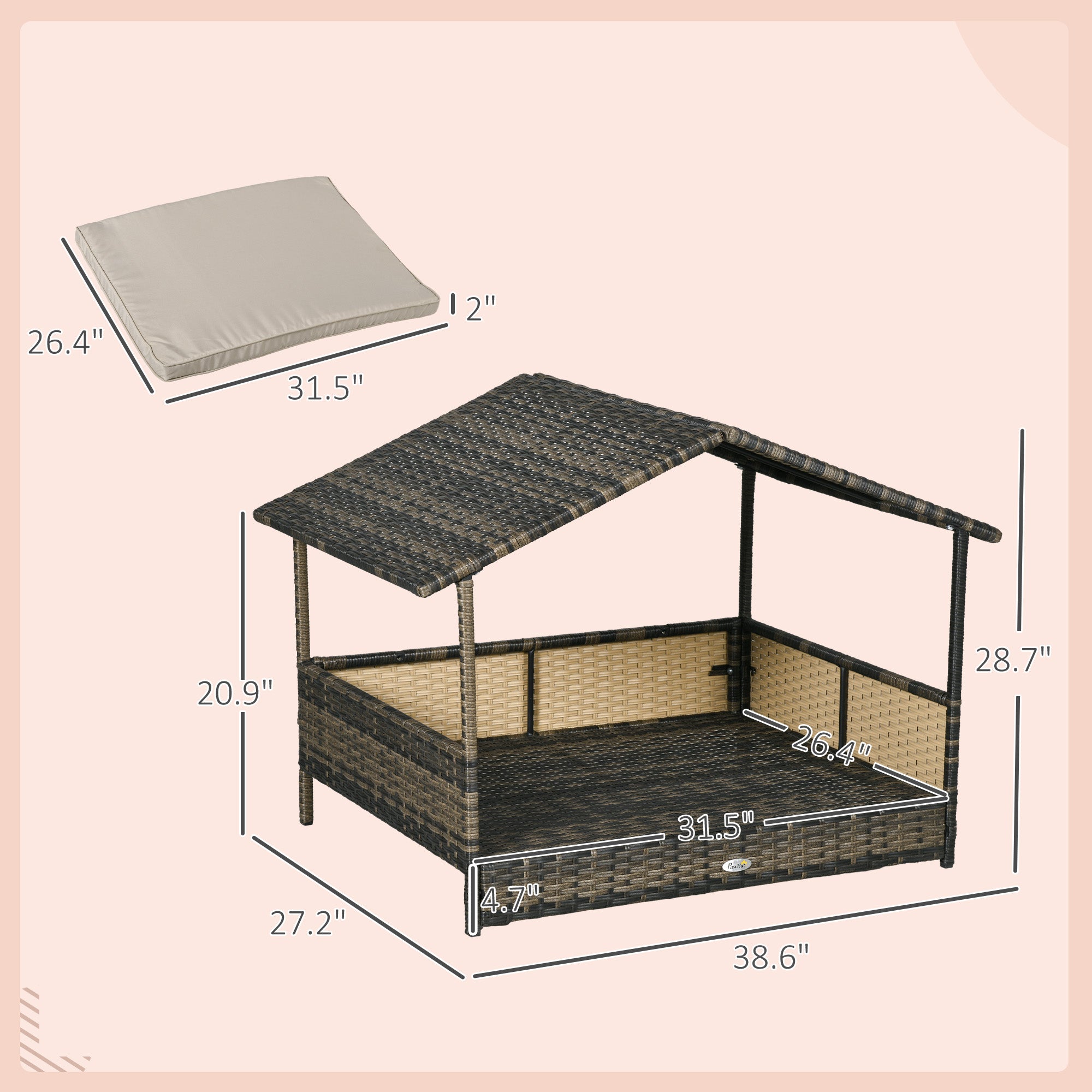 PawHut Wicker Dog House Outdoor with Canopy, Rattan Dog Bed with Water-resistant Cushion, Raised Dog Bed for Small, Medium Dogs up to 66 lbs, 19.75" in Length, Brown Wicker, Khaki Cushion