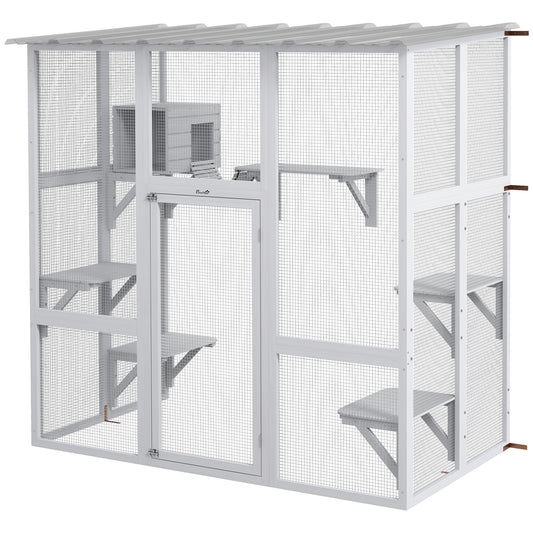 PawHut Catio Outdoor Cat Enclosure, Large Cat House, Wooden Cat Window Box with Scratching Posts, Weather Protection Roof for 1-2 Kitties, Resting Boxes, 68" x 35.5" x 70.5", White