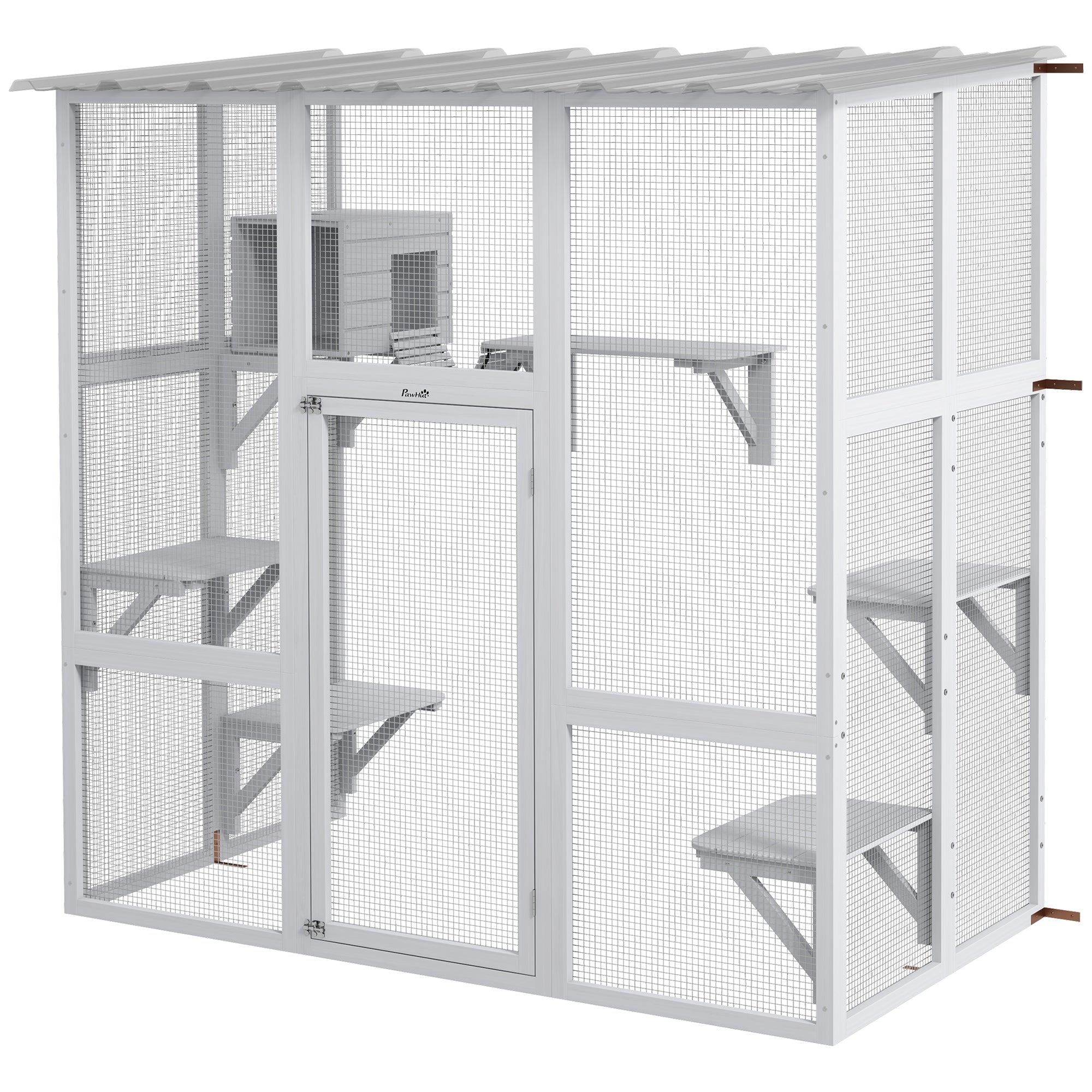 Catio, Wooden Outdoor Cat Enclosure Window Box with Weatherproof Roof, Bridge, Resting Box, Platforms, Cat Cage for 2 Kittens, White