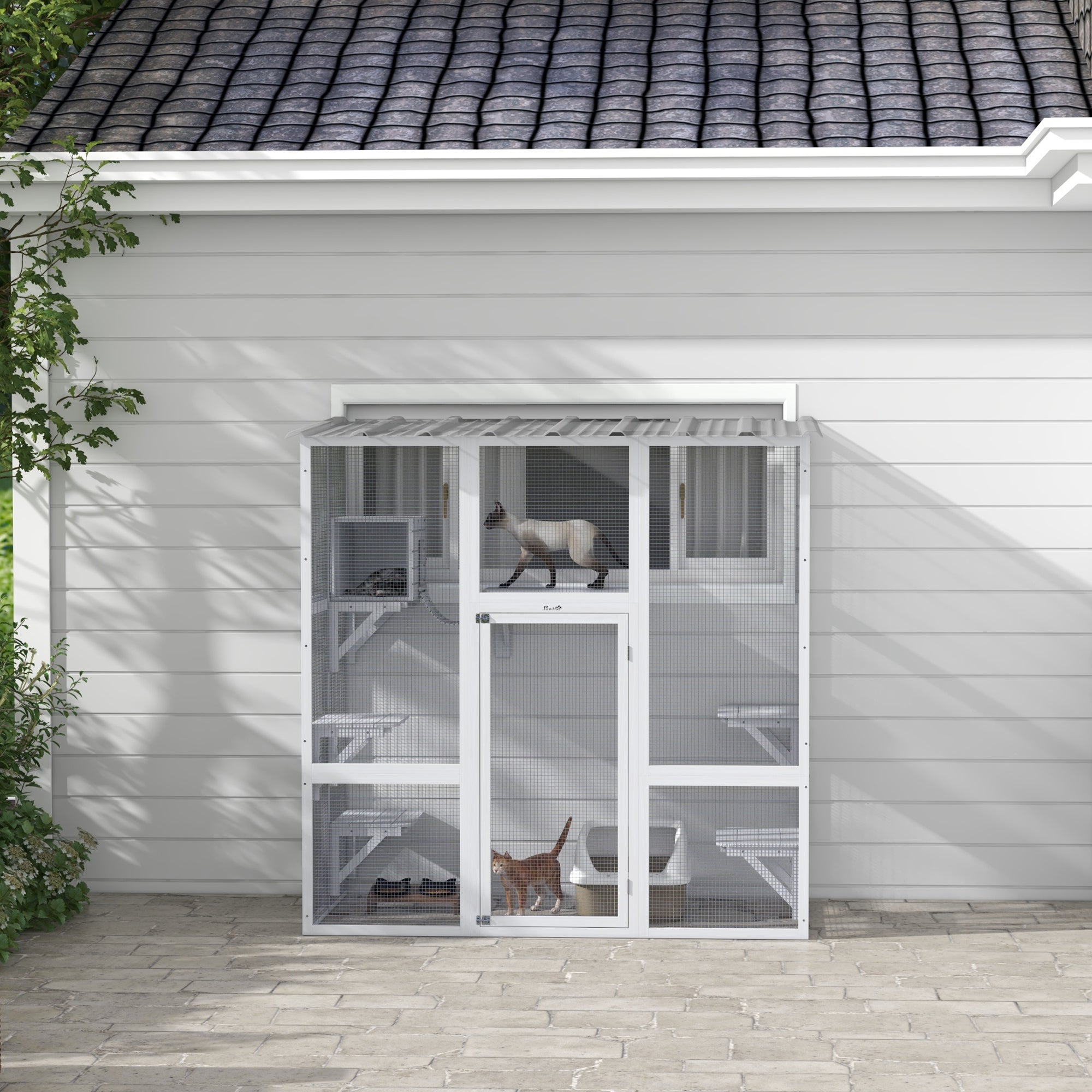 Catio, Wooden Outdoor Cat Enclosure Window Box with Weatherproof Roof, Bridge, Resting Box, Platforms, Cat Cage for 2 Kittens, White