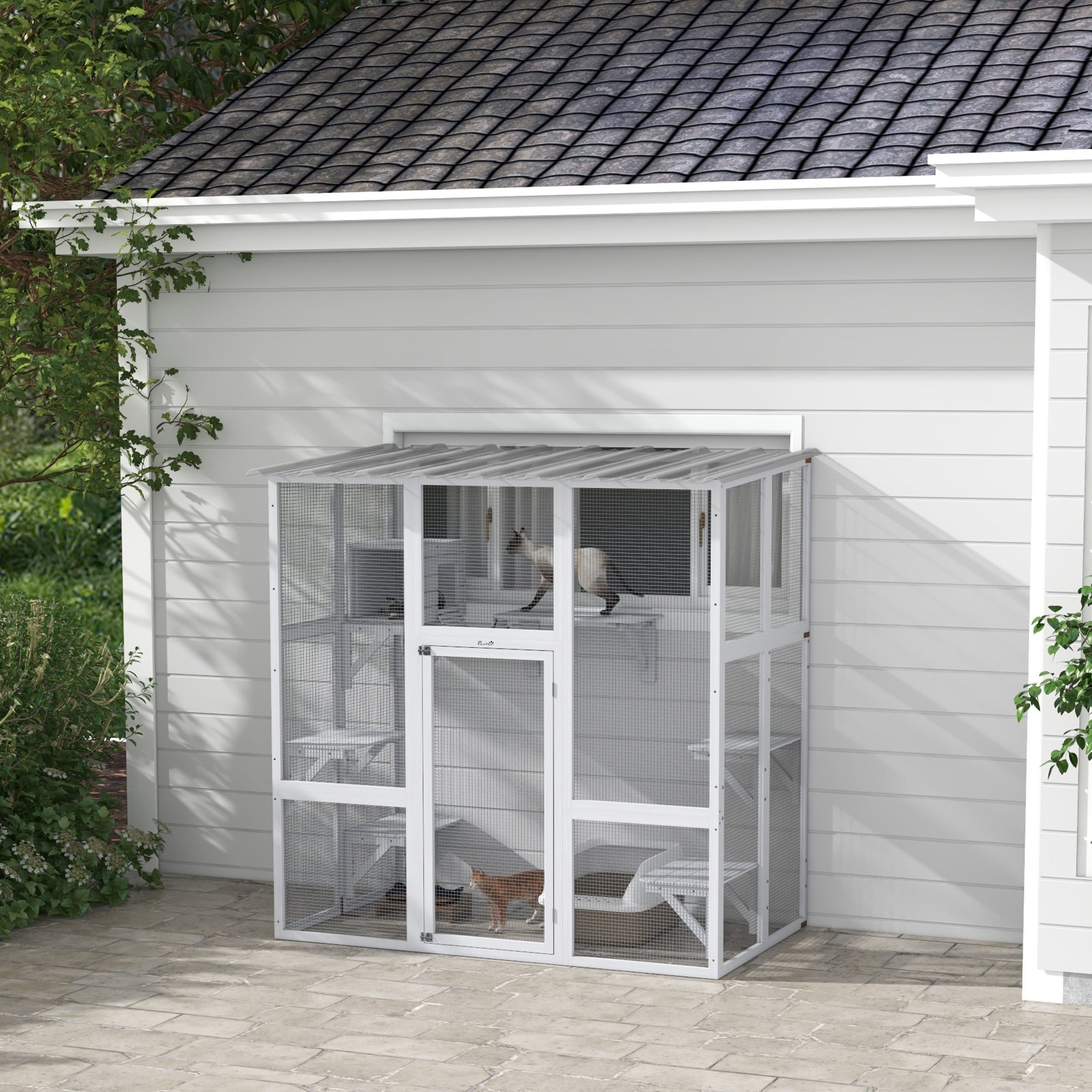 Catio, Wooden Outdoor Cat Enclosure Window Box with Weatherproof Roof, Bridge, Resting Box, Platforms, Cat Cage for 2 Kittens, White