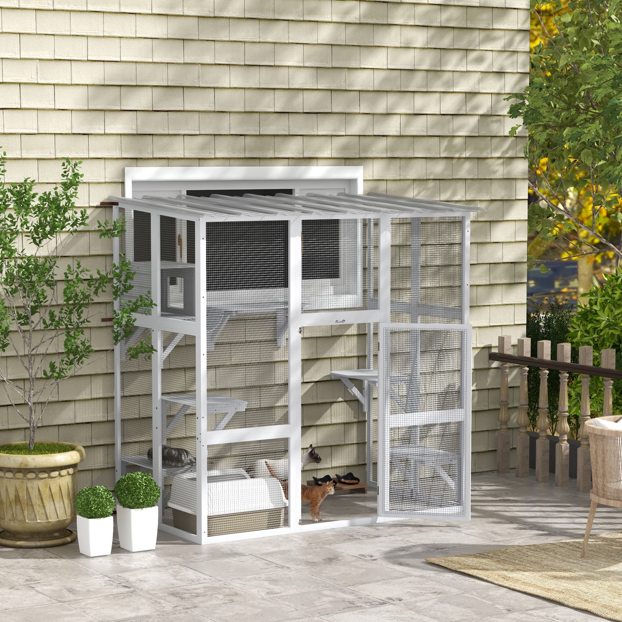 Catio, Wooden Outdoor Cat Enclosure Window Box with Weatherproof Roof, Bridge, Resting Box, Platforms, Cat Cage for 2 Kittens, White