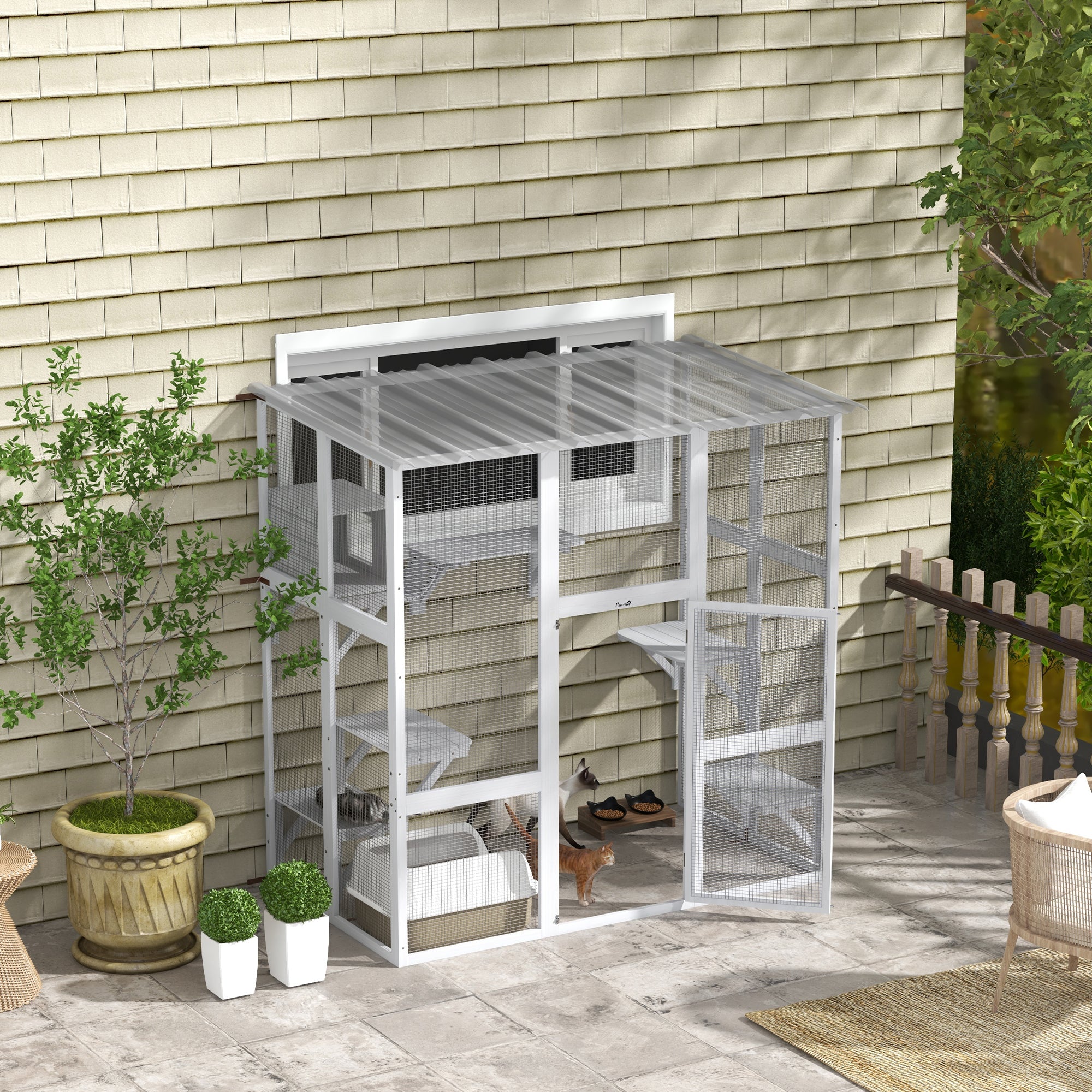 Catio, Wooden Outdoor Cat Enclosure Window Box with Weatherproof Roof, Bridge, Resting Box, Platforms, Cat Cage for 2 Kittens, White