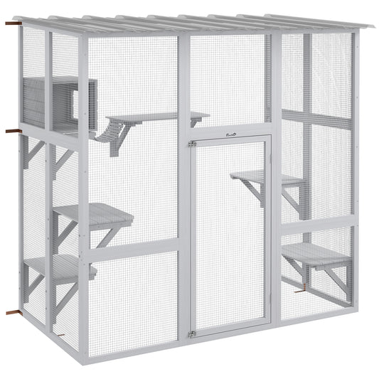 PawHut Catio Outdoor Cat Enclosure, Large Cat House, Wooden Cat Window Box with Scratching Posts, Weather Protection Roof for 1-2 Kitties, Resting Boxes, 68" x 35.5" x 70.5", White