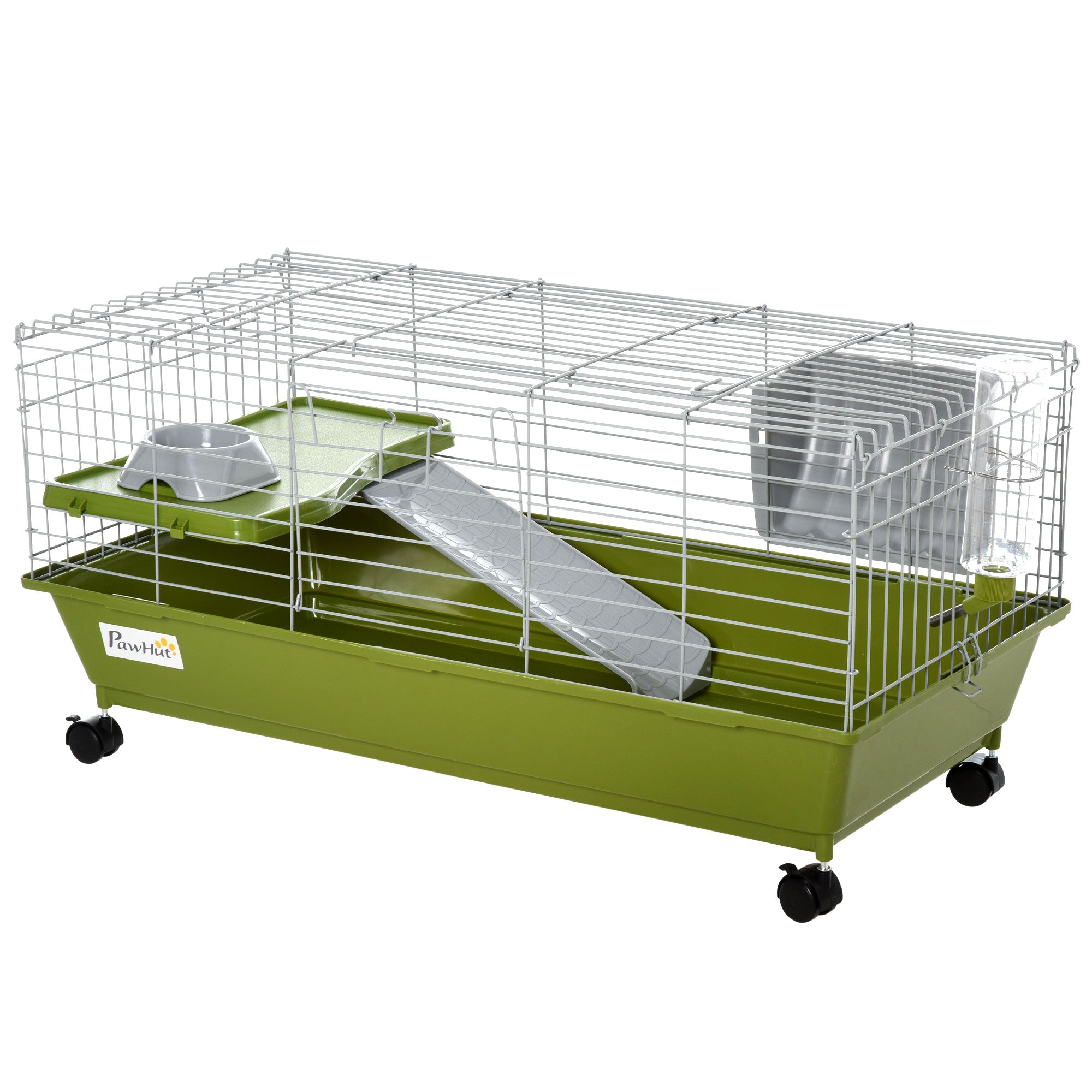 35" Small Animal Cage, Rolling Bunny Cage, Guinea Pig Cage with Food Dish, Water Bottle, Hay Feeder, Platform, Ramp for Chinchilla, Green