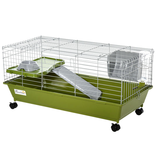 35" Small Animal Cage, Rolling Bunny Cage, Guinea Pig Cage with Food Dish, Water Bottle, Hay Feeder, Platform, Ramp for Chinchilla, Green