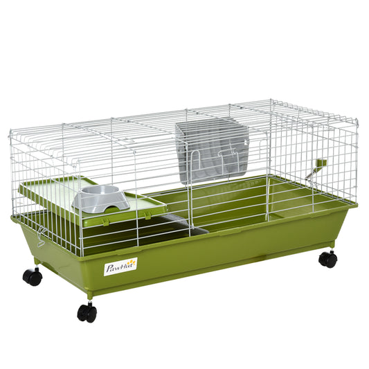 35" Small Animal Cage, Rolling Bunny Cage, Guinea Pig Cage with Food Dish, Water Bottle, Hay Feeder, Platform, Ramp for Chinchilla, Green