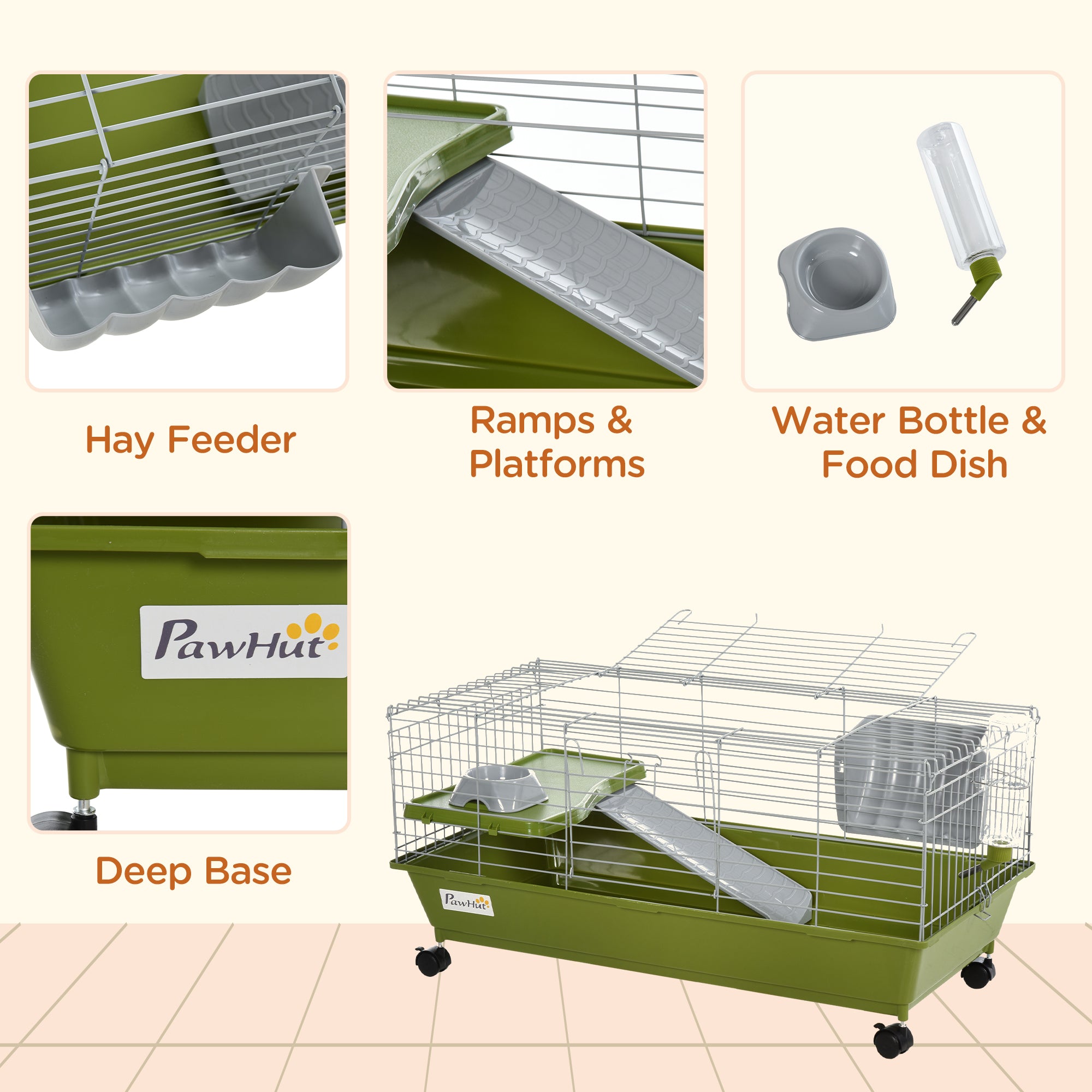 35" Small Animal Cage, Rolling Bunny Cage, Guinea Pig Cage with Food Dish, Water Bottle, Hay Feeder, Platform, Ramp for Chinchilla, Green