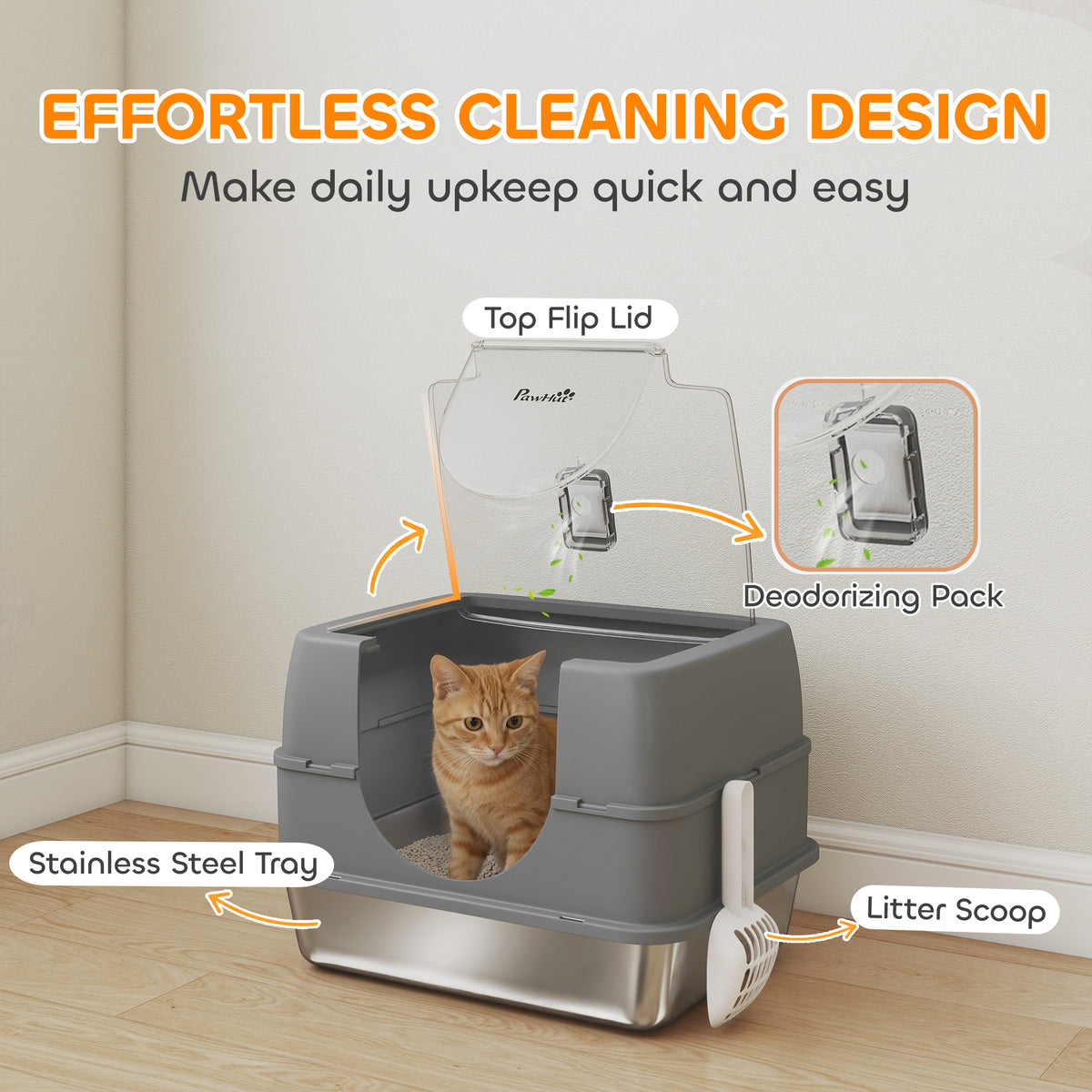 Stainless Steel Cat Litter Box with Lid, High Sided Enclosed Litter Box with Removable Lid, Tray, Scoop, Easy to Clean, Odor Control, Anti-Leakage, Grey