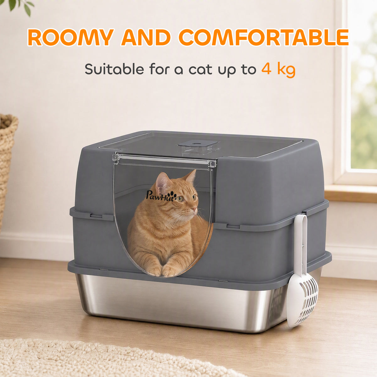Stainless Steel Cat Litter Box with Lid, High Sided Enclosed Litter Box with Removable Lid, Tray, Scoop, Easy to Clean, Odor Control, Anti-Leakage, Grey