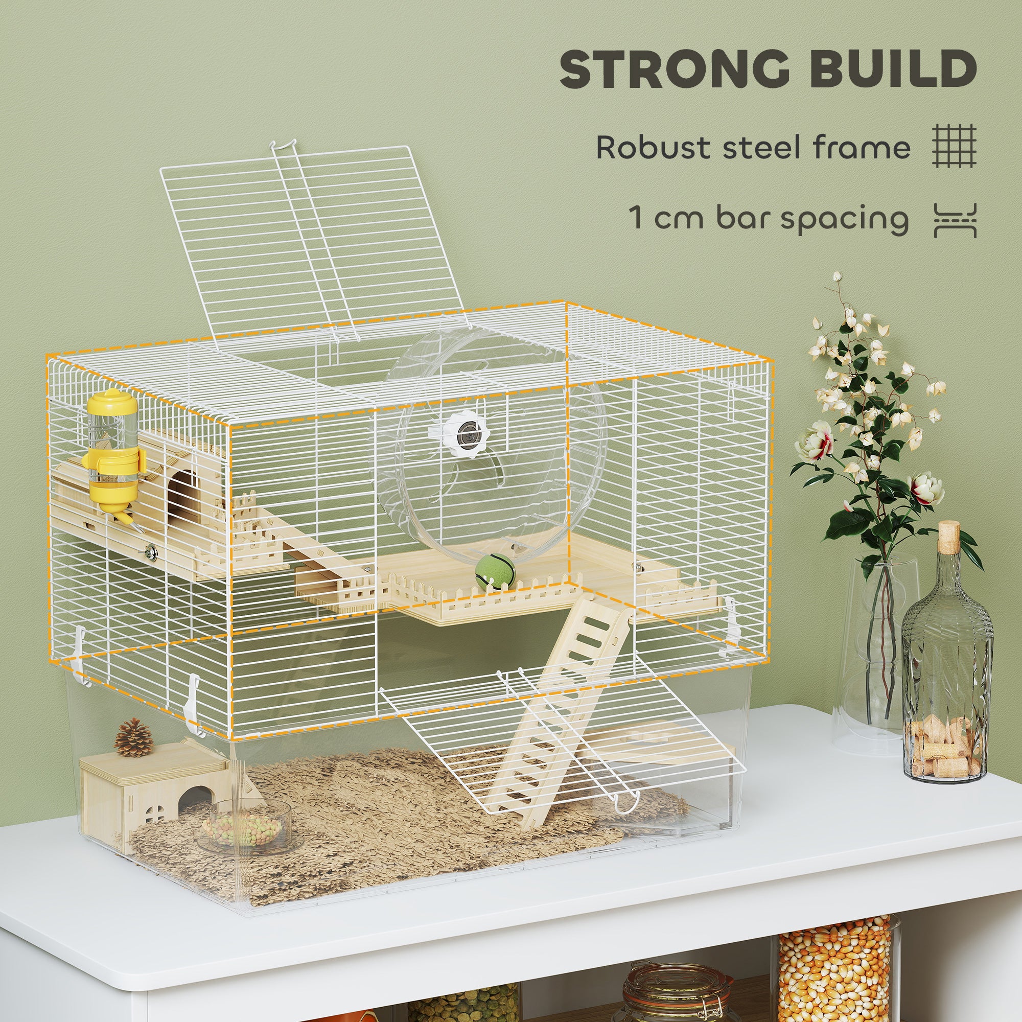 Hamster Cage, Transparent Small Animal House with Deep Bottom, Wooden Ramp, Hut, Bathroom and Exercise Wheel for Hamster and Gerbil, 23.2" L x 14" W x 18.5" H, Two Huts
