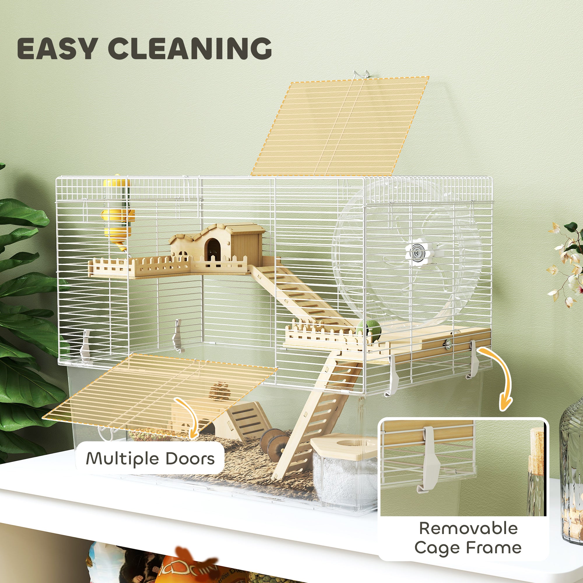 Hamster Cage, Transparent Small Animal House with Deep Bottom, Wooden Ramp, Hut, Bathroom and Exercise Wheel for Hamster and Gerbil, 23.2" L x 14" W x 18.5" H, Two Huts