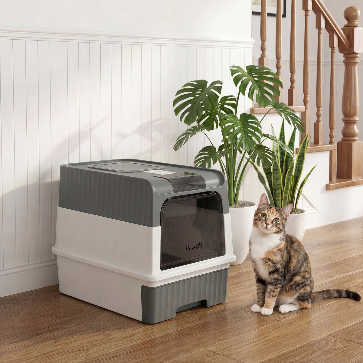 Cat litter Box with Lid, Enclosed Cat Litter Box with Pull-Out Drawer Tray, Scoop, 4 Deodorisation Bags, Front Entry & Top Exit, Privacy, Odour Control and Easy to Clean, Grey
