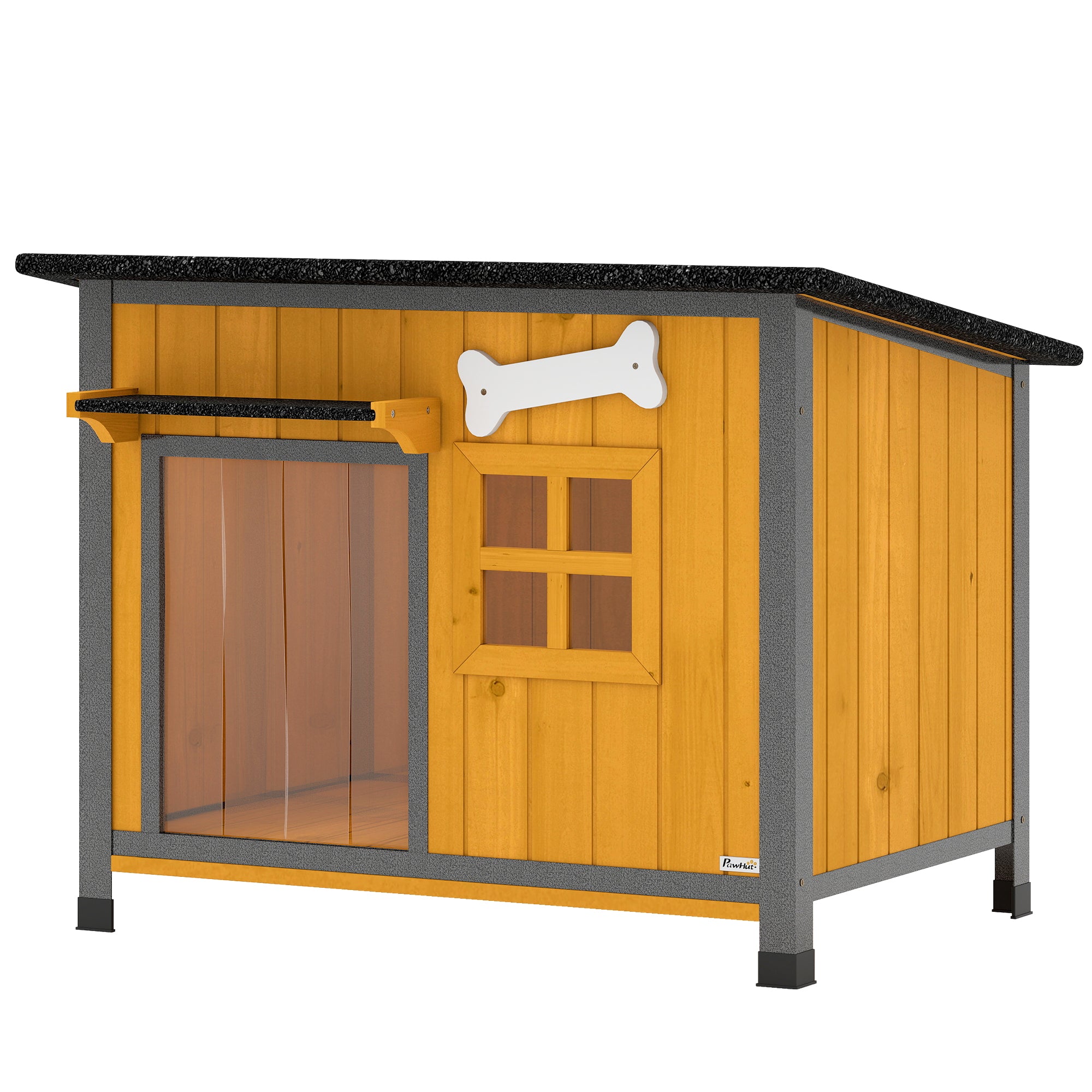 Dog House Anti-Chewing Steel Frame, Wooden Dog Kennel House with Openable Roof, Removable Floor, Door Curtain, Weatherproof Pet Shelter for Outdoor Indoor