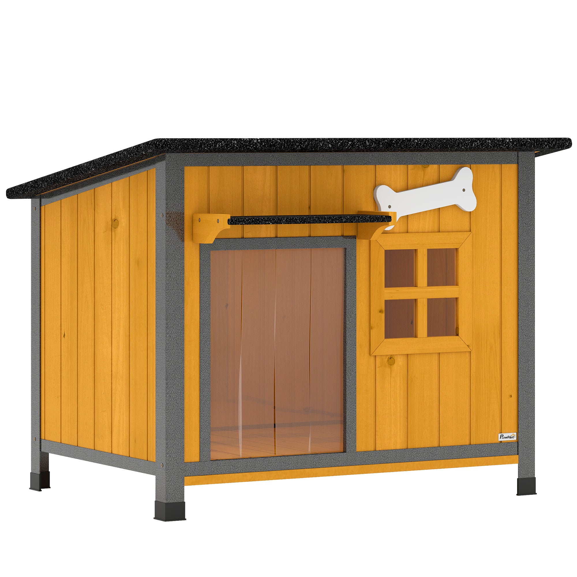 Dog House Anti-Chewing Steel Frame, Wooden Dog Kennel House with Openable Roof, Removable Floor, Door Curtain, Weatherproof Pet Shelter for Outdoor Indoor