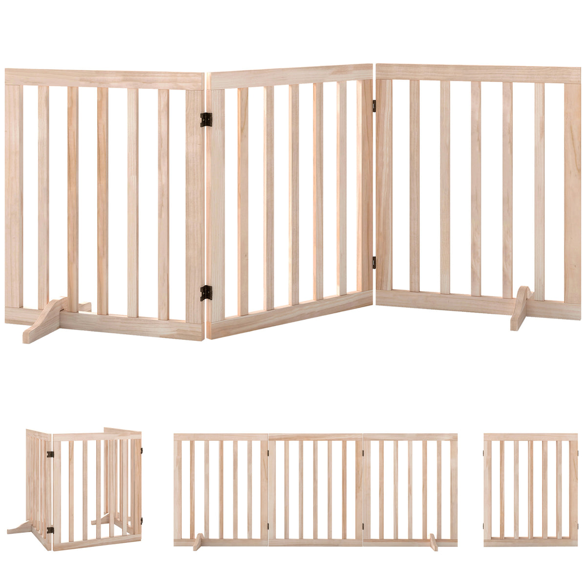 Wooden Dog Gate, 3-Panel Freestanding Pet Gates Indoor with 2 Support Feet and 360° Flexible Hinges, Foldable Dog Barrier for Stairs, Doorways, Bedrooms, 61H cm, Natural