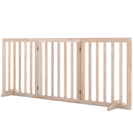 Wooden Dog Gate, 3-Panel Freestanding Pet Gates Indoor with 2 Support Feet and 360° Flexible Hinges, Foldable Dog Barrier for Stairs, Doorways, Bedrooms, 61H cm, Natural