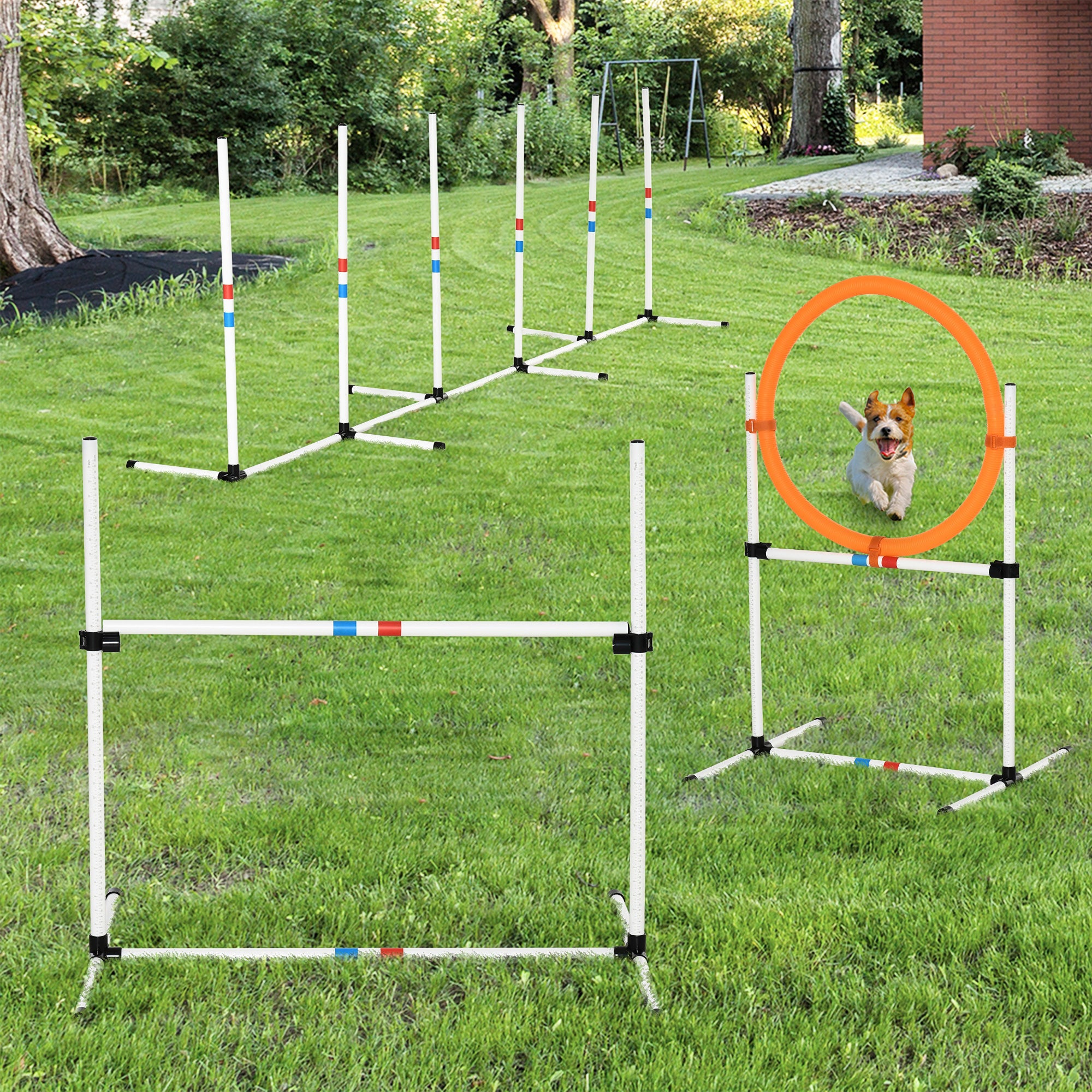 3PC Dog Agility Equipment Set, Obstacle Course Exercise for Dog Include Adjustable Hurdle, Hoop, Weave Poles and Carry Bag