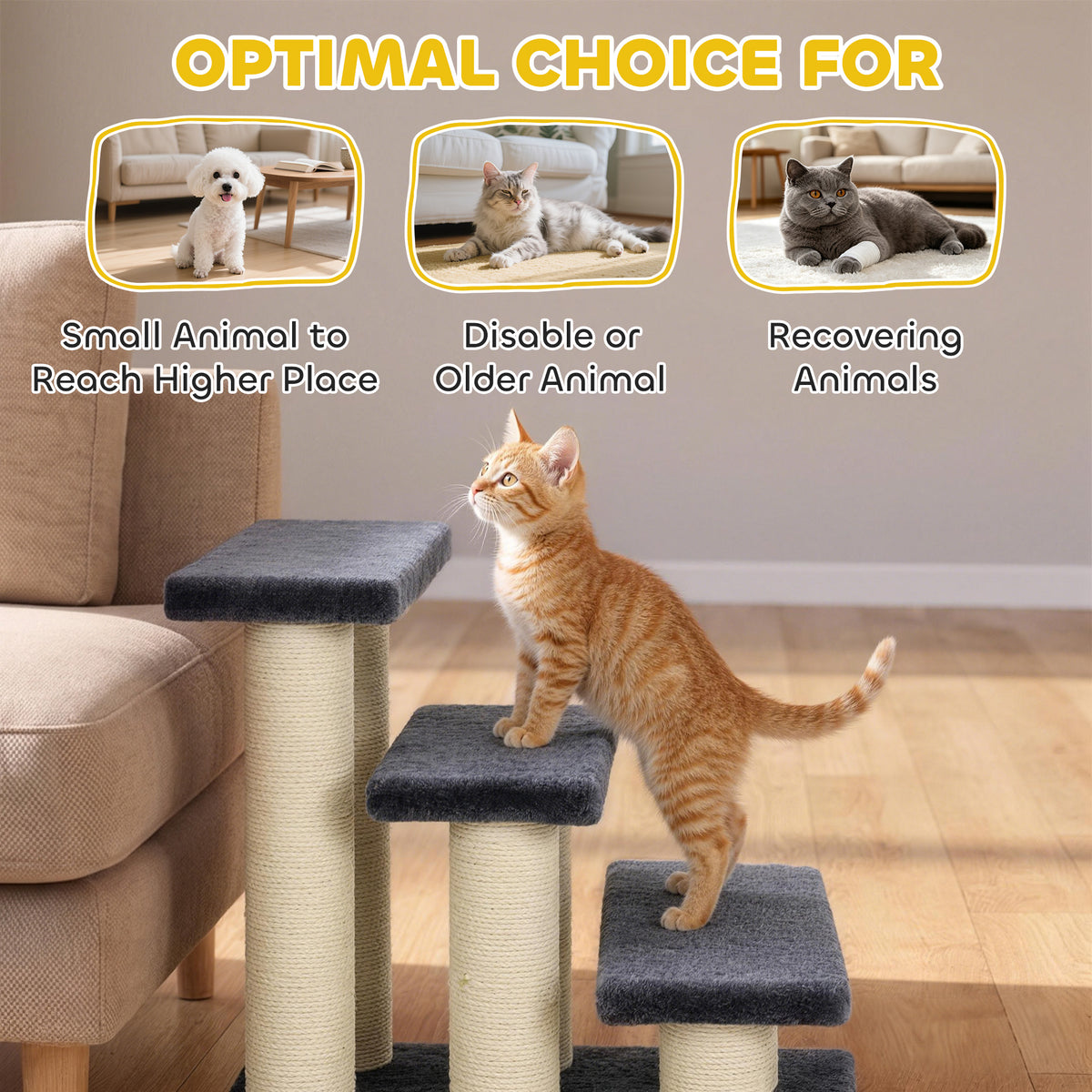 3 Tier Pet Stairs Dog Cat 3 Steps Kitty Scratching Post Cat Scratch Furniture Dark Grey