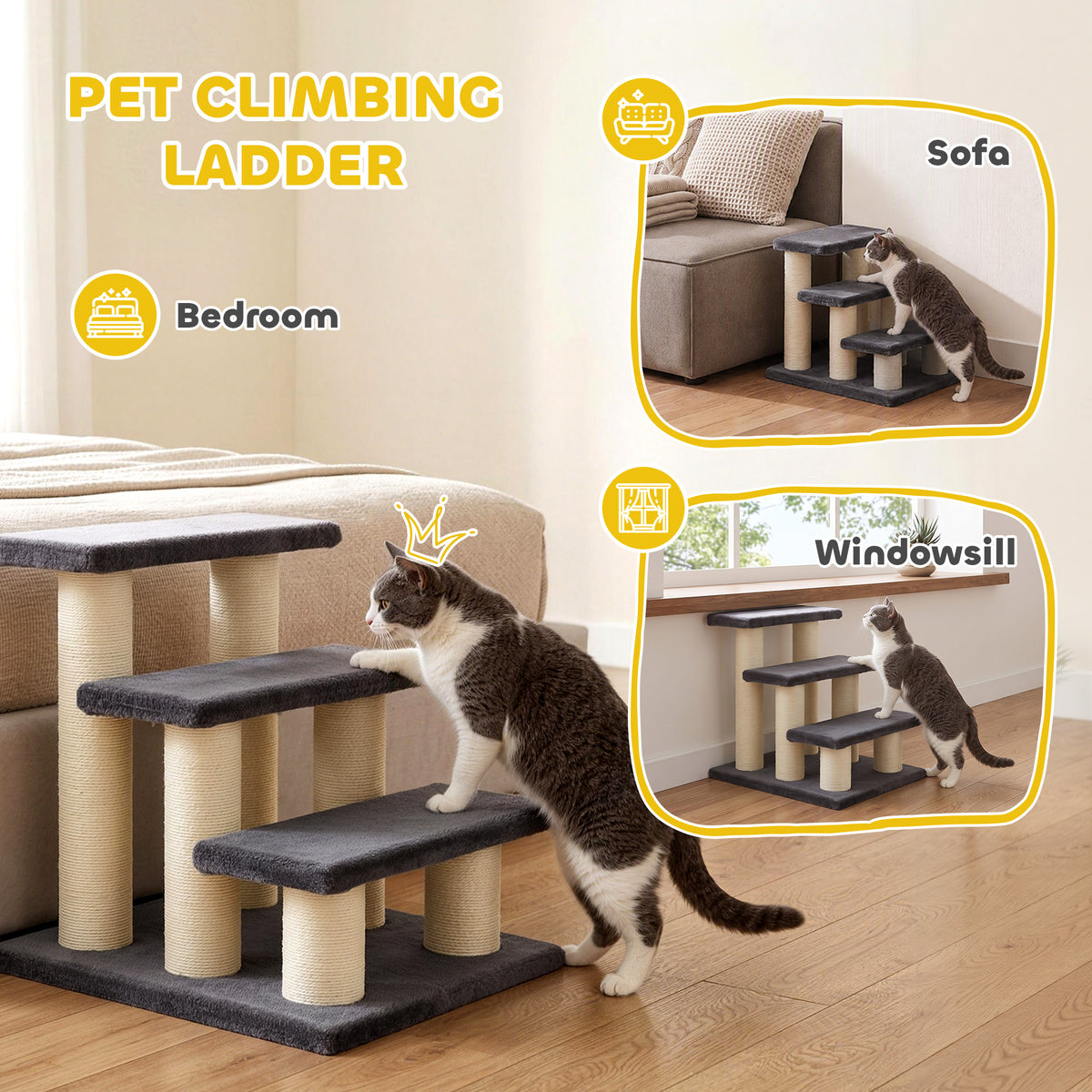3 Tier Pet Stairs Dog Cat 3 Steps Kitty Scratching Post Cat Scratch Furniture Dark Grey