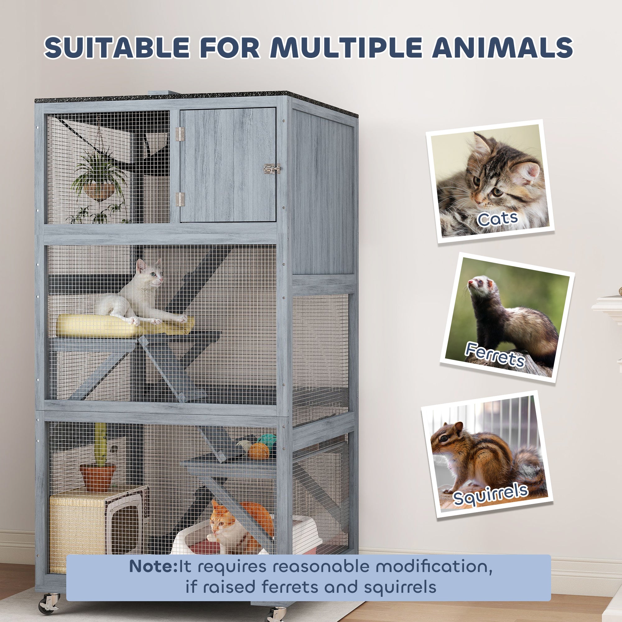 66"H Catio on Brake Wheel, Indoor Outdoor Cat Enclosure Cage with Weatherproof Roof Hammock Multiple Platforms Resting Condo Ramps Lockable Doors, for 1-3 Cats, Grey