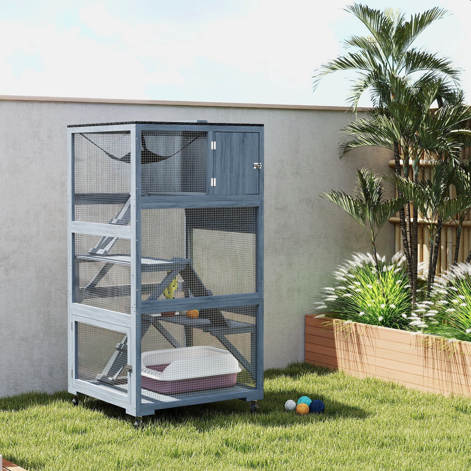 66"H Catio on Brake Wheel, Indoor Outdoor Cat Enclosure Cage with Weatherproof Roof Hammock Multiple Platforms Resting Condo Ramps Lockable Doors, for 1-3 Cats, Grey